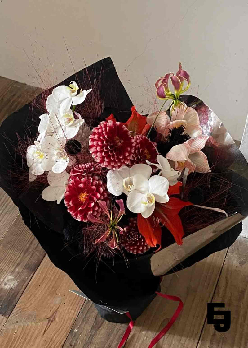 Seasonal Red & White - Mixed luxury Orchid Bouquet - Order Advance