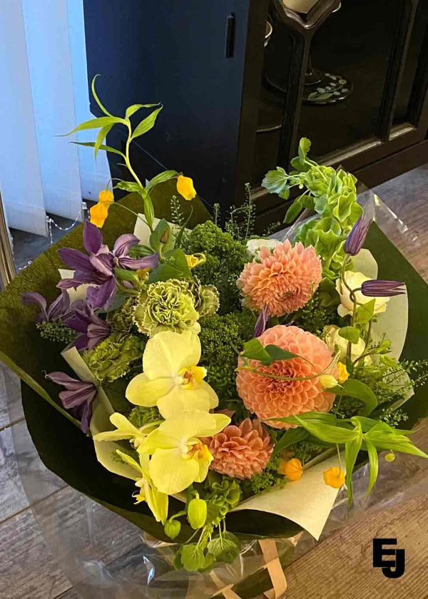 Seasonal Green & Orange - Mixed luxury Orchid Bouquet - Order Advance