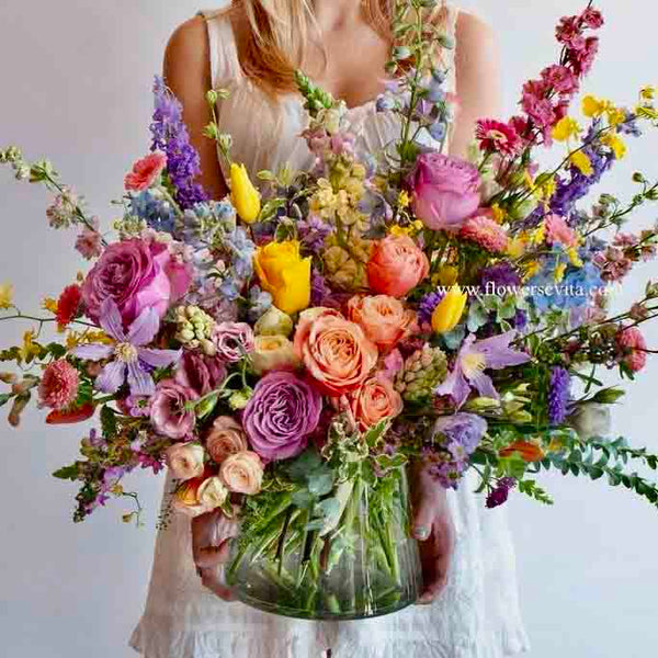 Seasonal Mixed Flowers Bouquet With Fairy Light